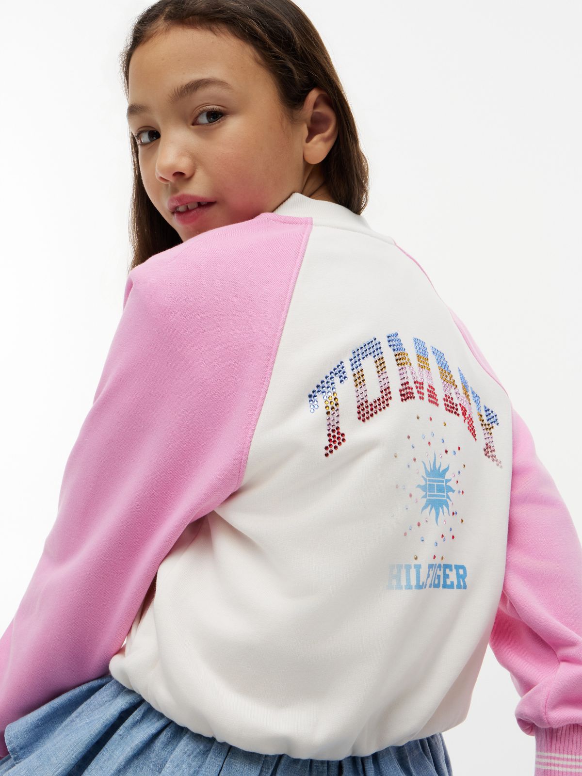 Rhinestone Back Logo Relaxed Bomber Jacket — Multi