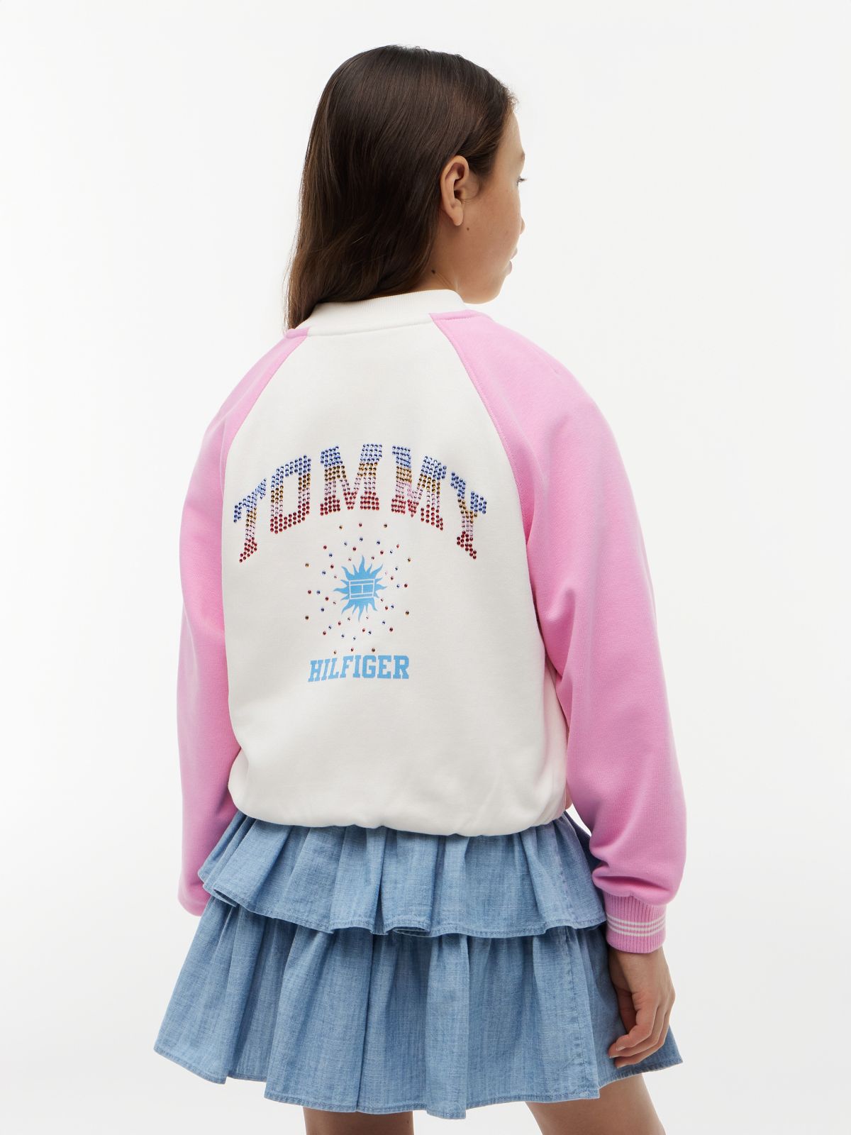 Rhinestone Back Logo Relaxed Bomber Jacket — Multi
