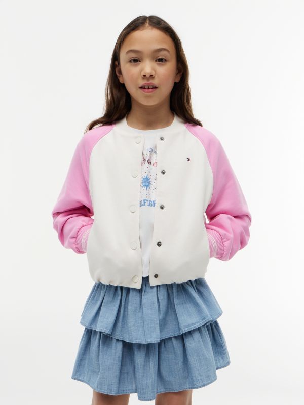 Rhinestone Back Logo Relaxed Bomber Jacket — Multi