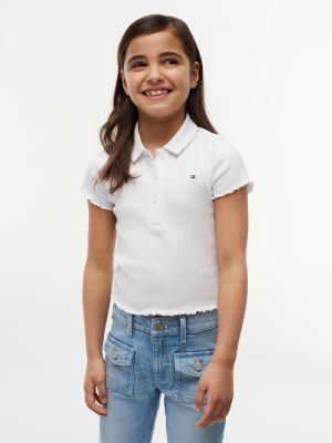 white prążkowany top z ażurowej dzianiny z kołnierzykiem polo dla dziewczynki - tommy hilfiger