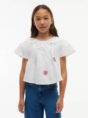 white relaxed top met korte mouwen en broderie anglaise voor meisjes - tommy hilfiger