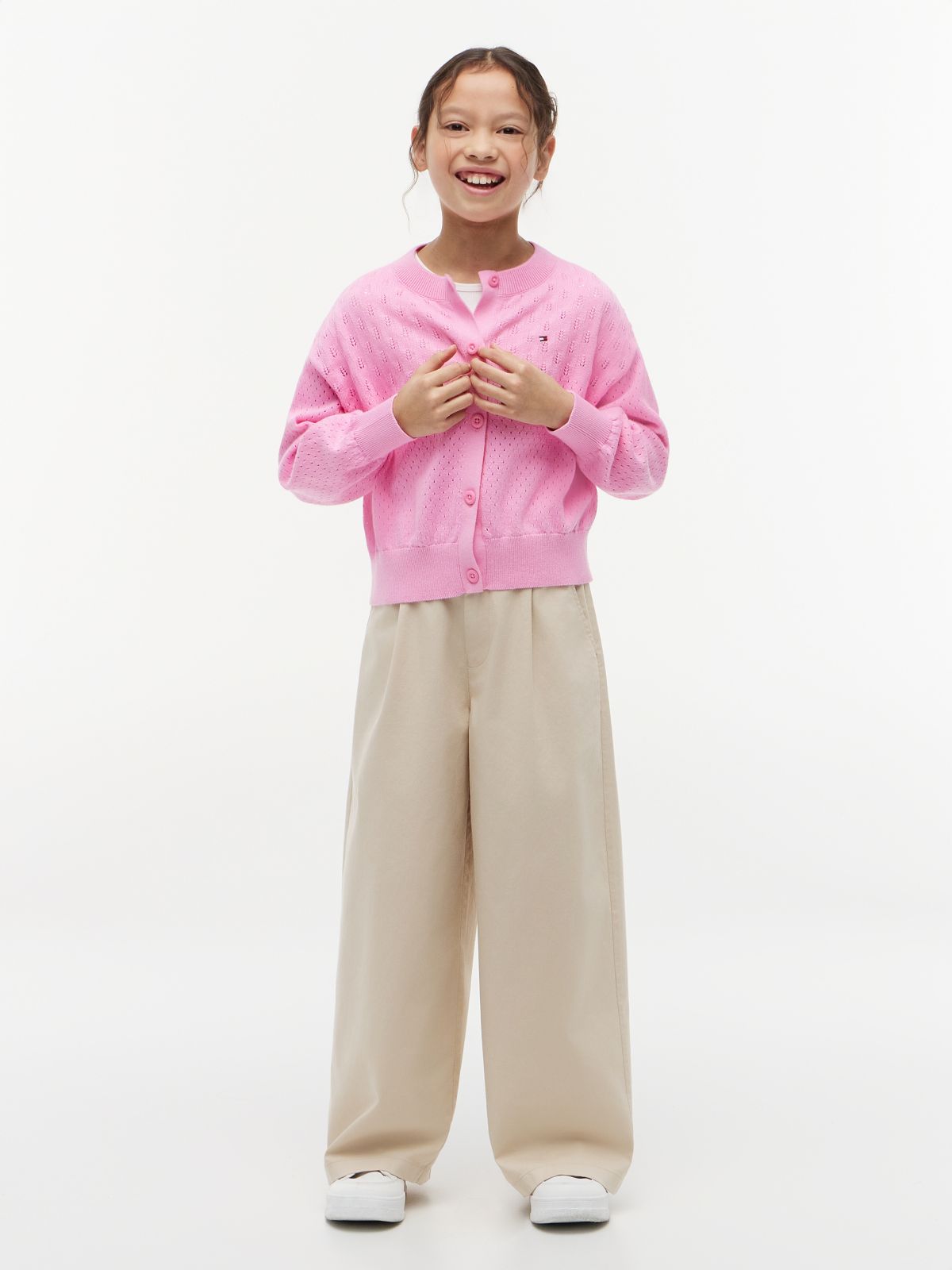 Pointelle Relaxed Crew Neck Cardigan — Pink