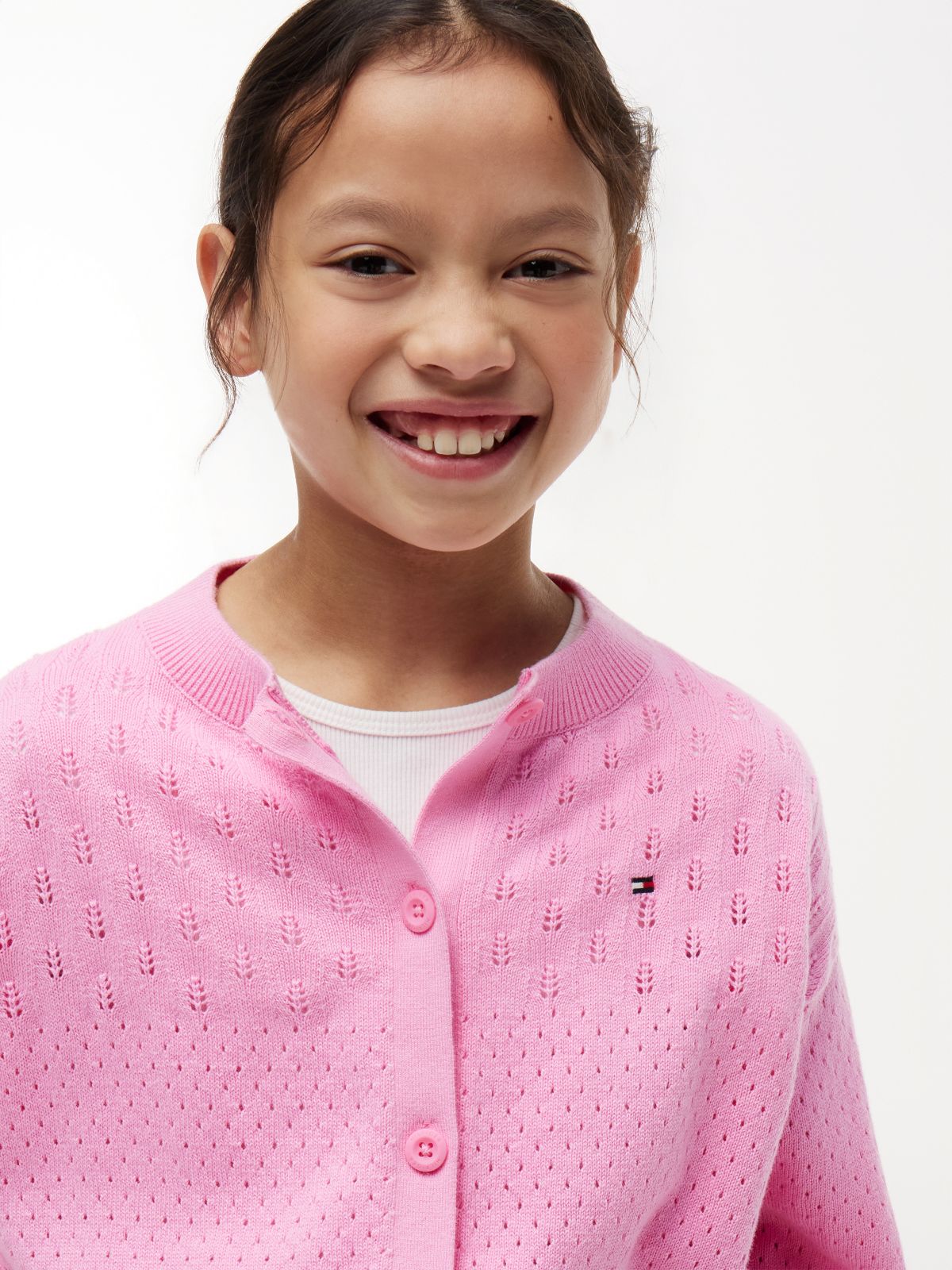 Pointelle Relaxed Crew Neck Cardigan — Pink