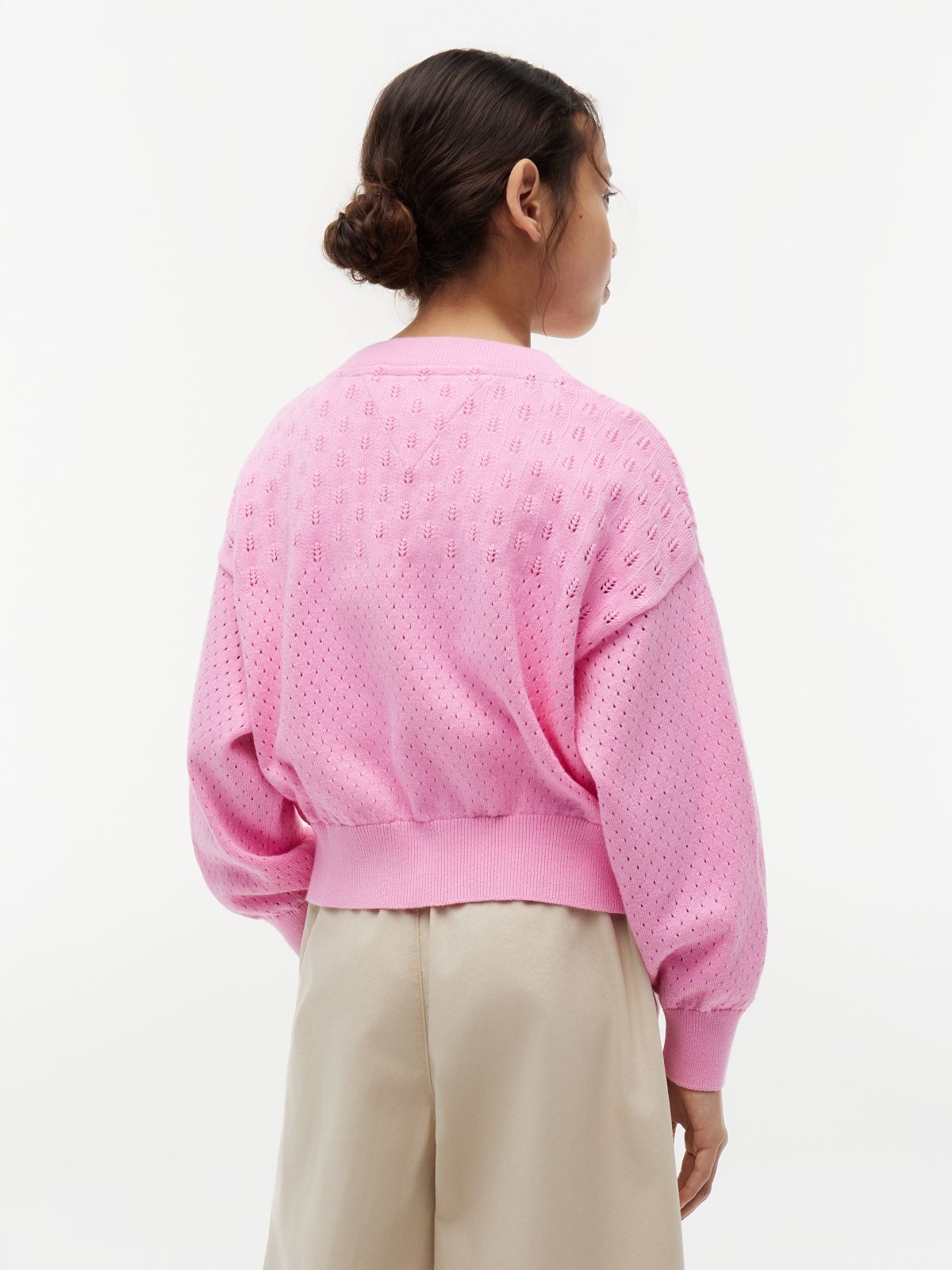 Pointelle Relaxed Crew Neck Cardigan — Pink