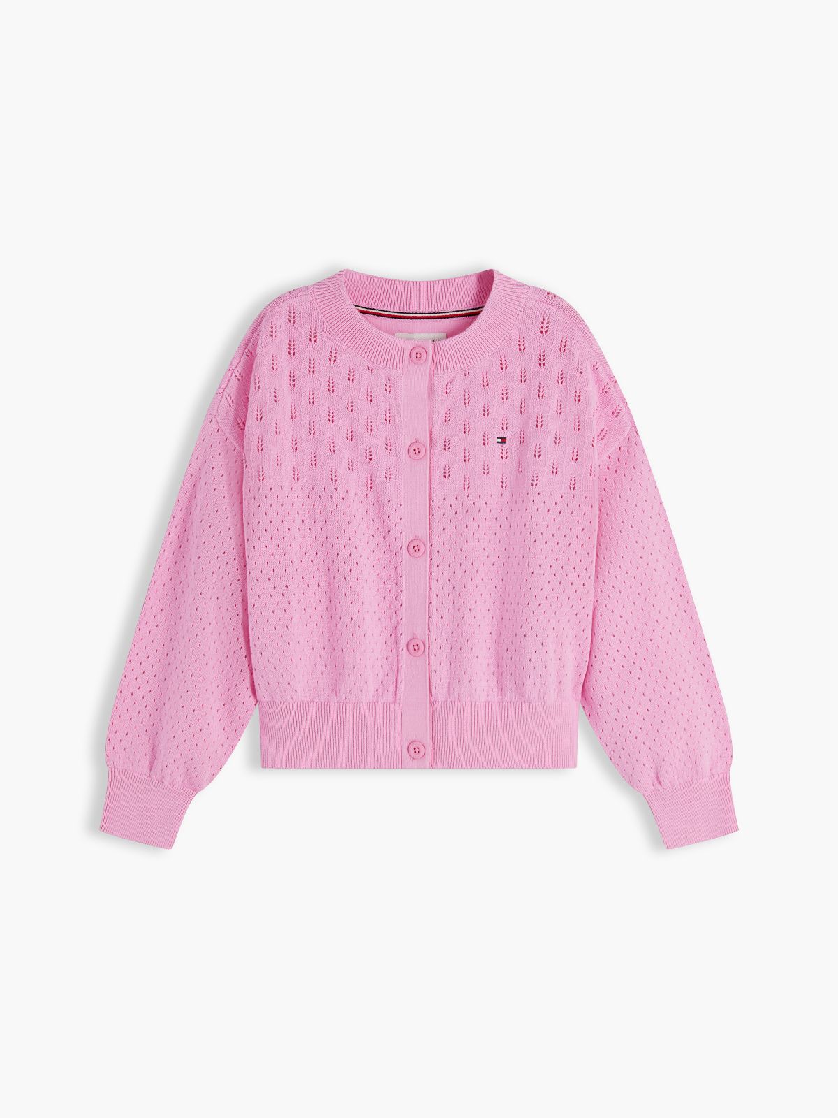 Pointelle Relaxed Crew Neck Cardigan — Pink