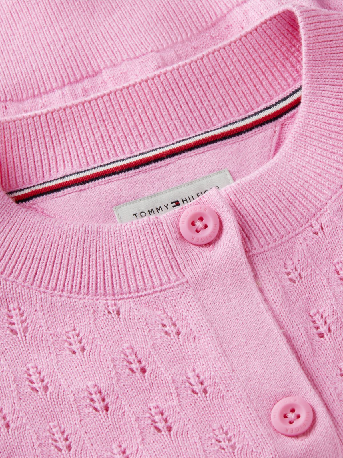 Pointelle Relaxed Crew Neck Cardigan — Pink