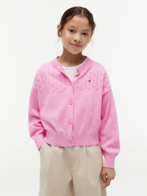 pink pointelle relaxed crew neck cardigan for girls tommy hilfiger