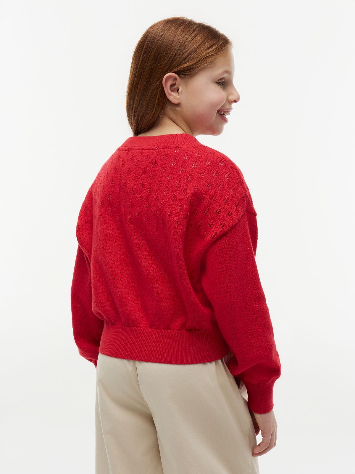 Pointelle Relaxed Balloon Sleeve Jumper — Red