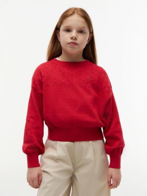 red relaxed fit pointelle-pullover für mädchen - tommy hilfiger