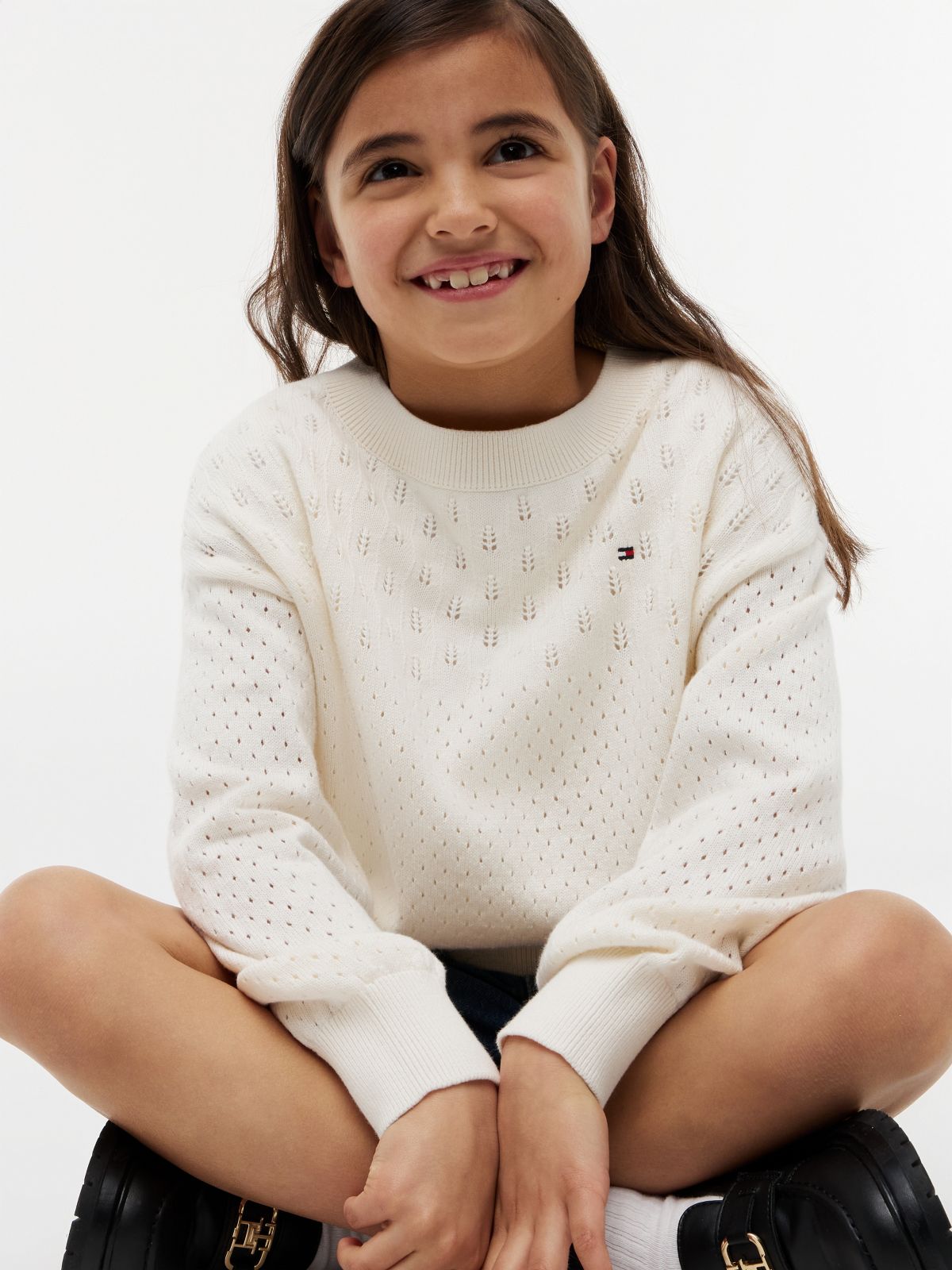 Pointelle Relaxed Balloon Sleeve Jumper — White