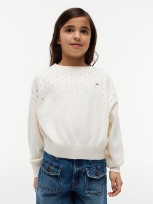 white relaxed fit pointelle-pullover für mädchen - tommy hilfiger