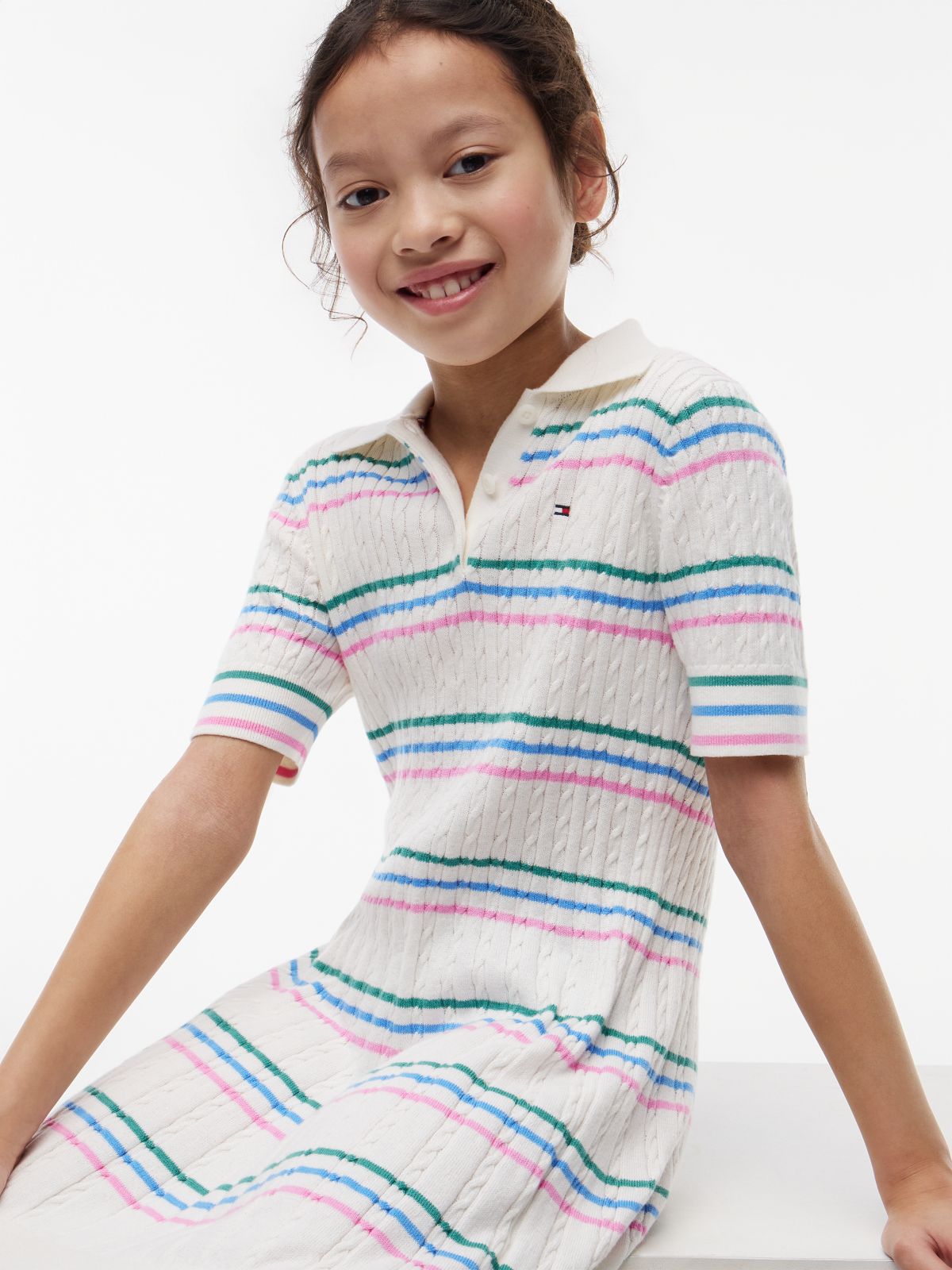 Cable Knit Short Sleeve Polo Dress — Beige