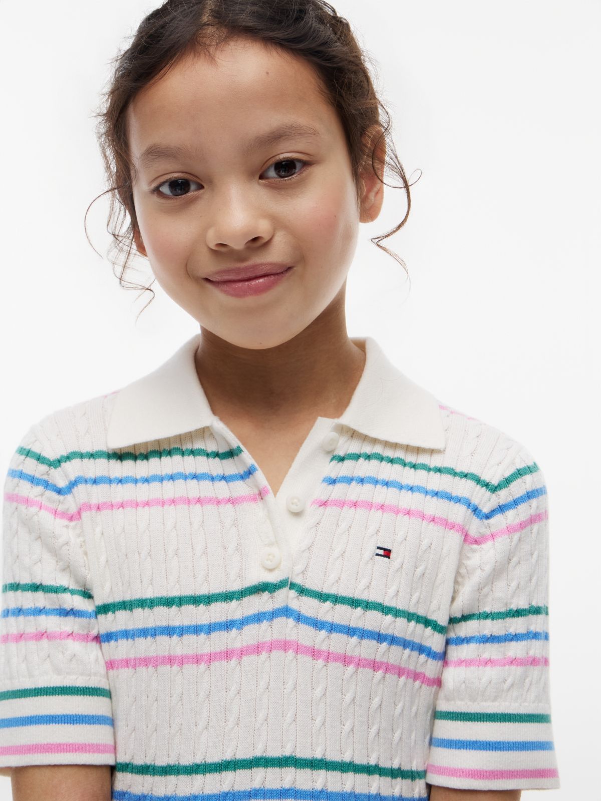Cable Knit Short Sleeve Polo Dress — Beige