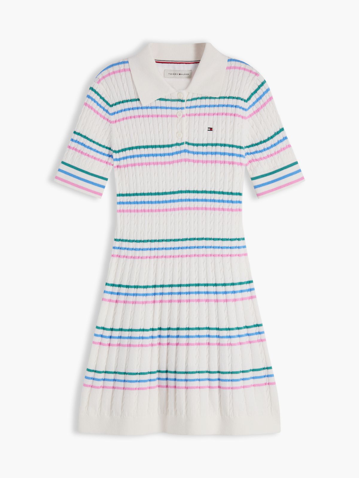 Cable Knit Short Sleeve Polo Dress — Beige