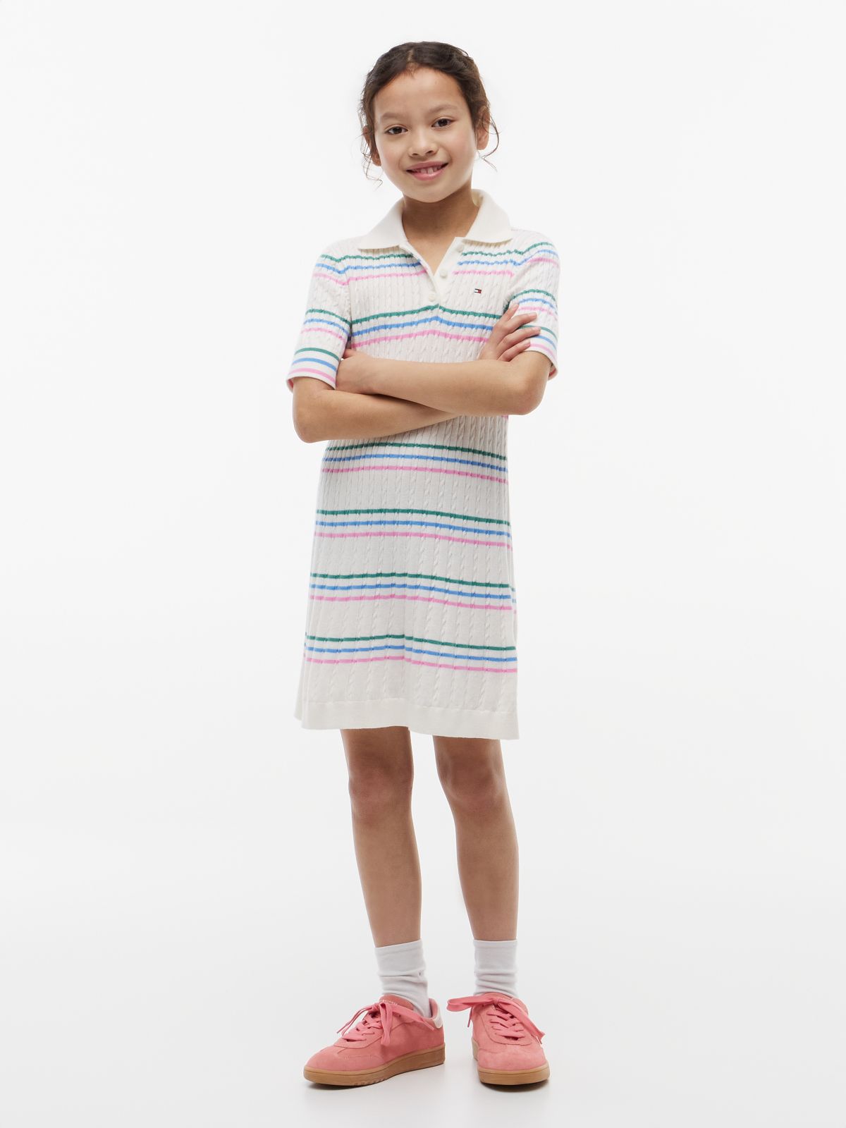 Cable Knit Short Sleeve Polo Dress — Beige