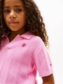 Crochet Open Placket Polo Top — Pink 2