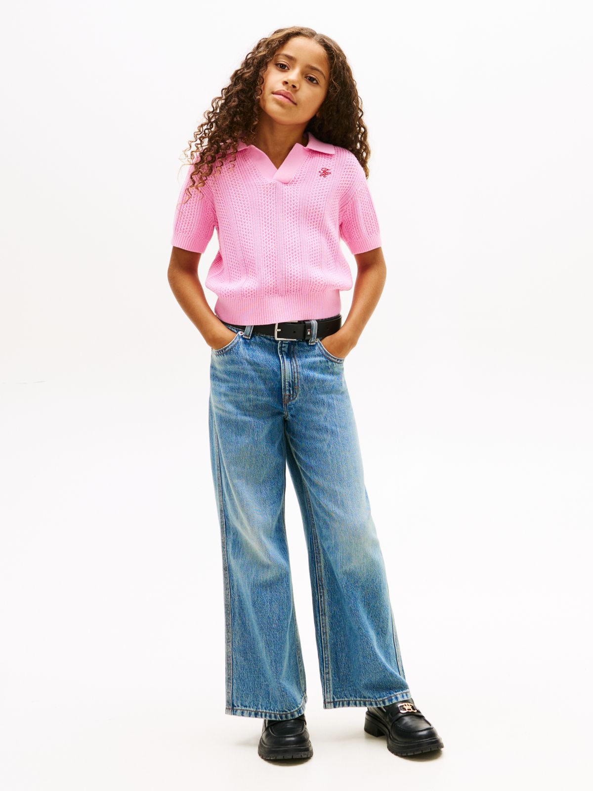 Crochet Open Placket Polo Top — Pink