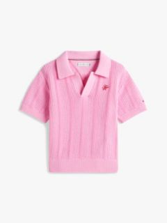 Crochet Open Placket Polo Top — Pink 5