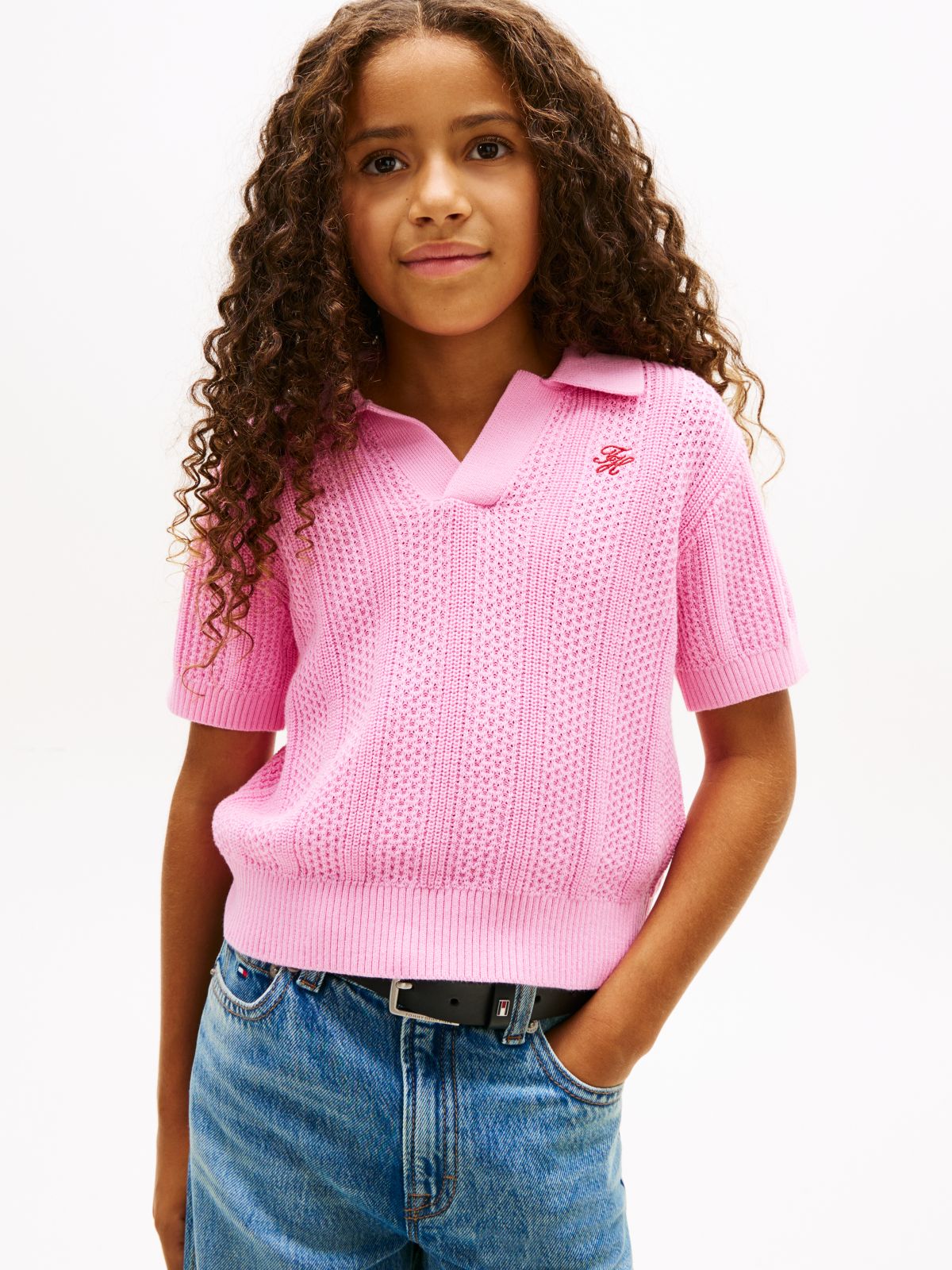 Crochet Open Placket Polo Top — Pink