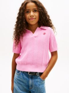 Crochet Open Placket Polo Top — Pink 1