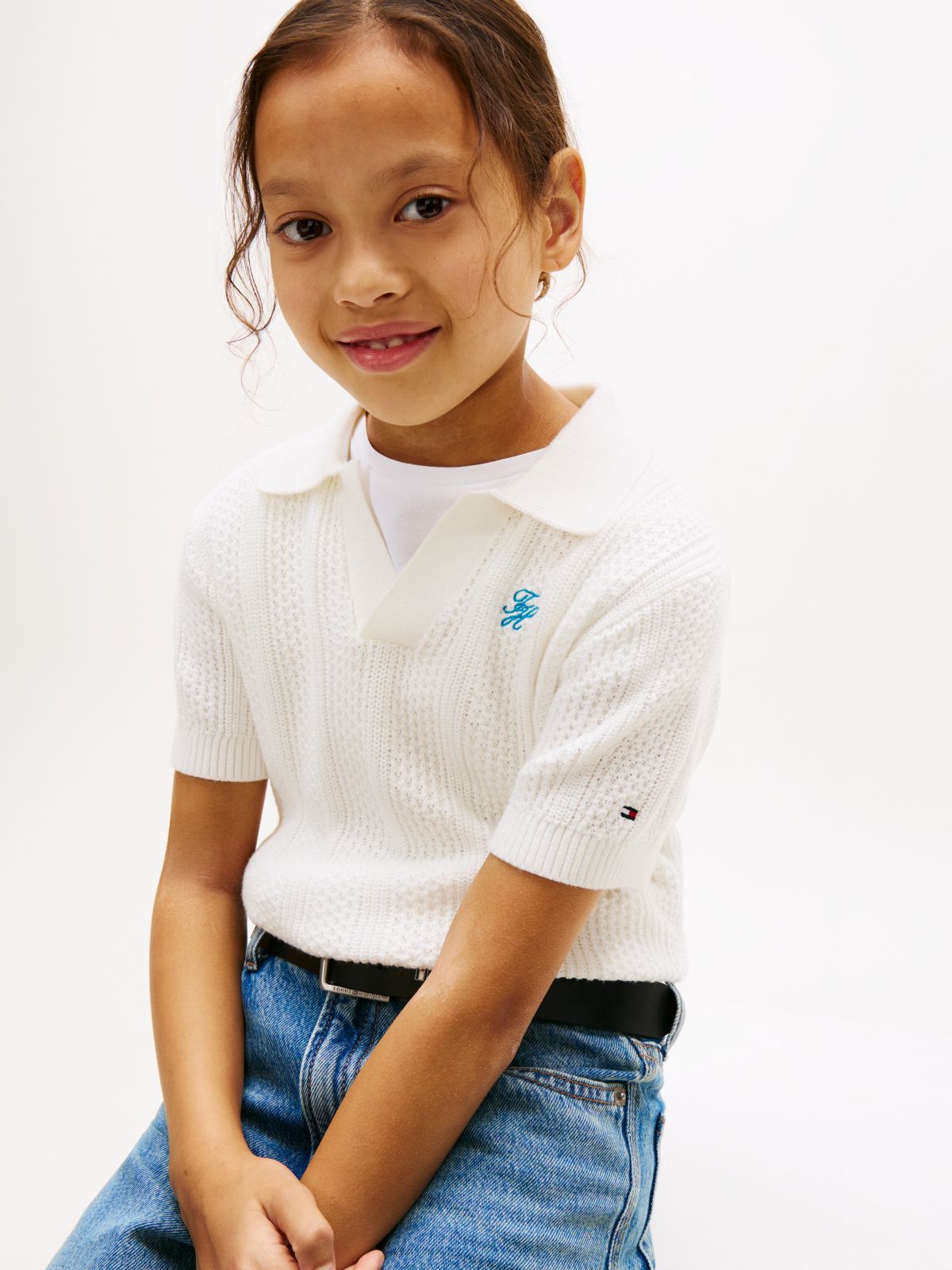 Crochet Open Placket Polo Top — White
