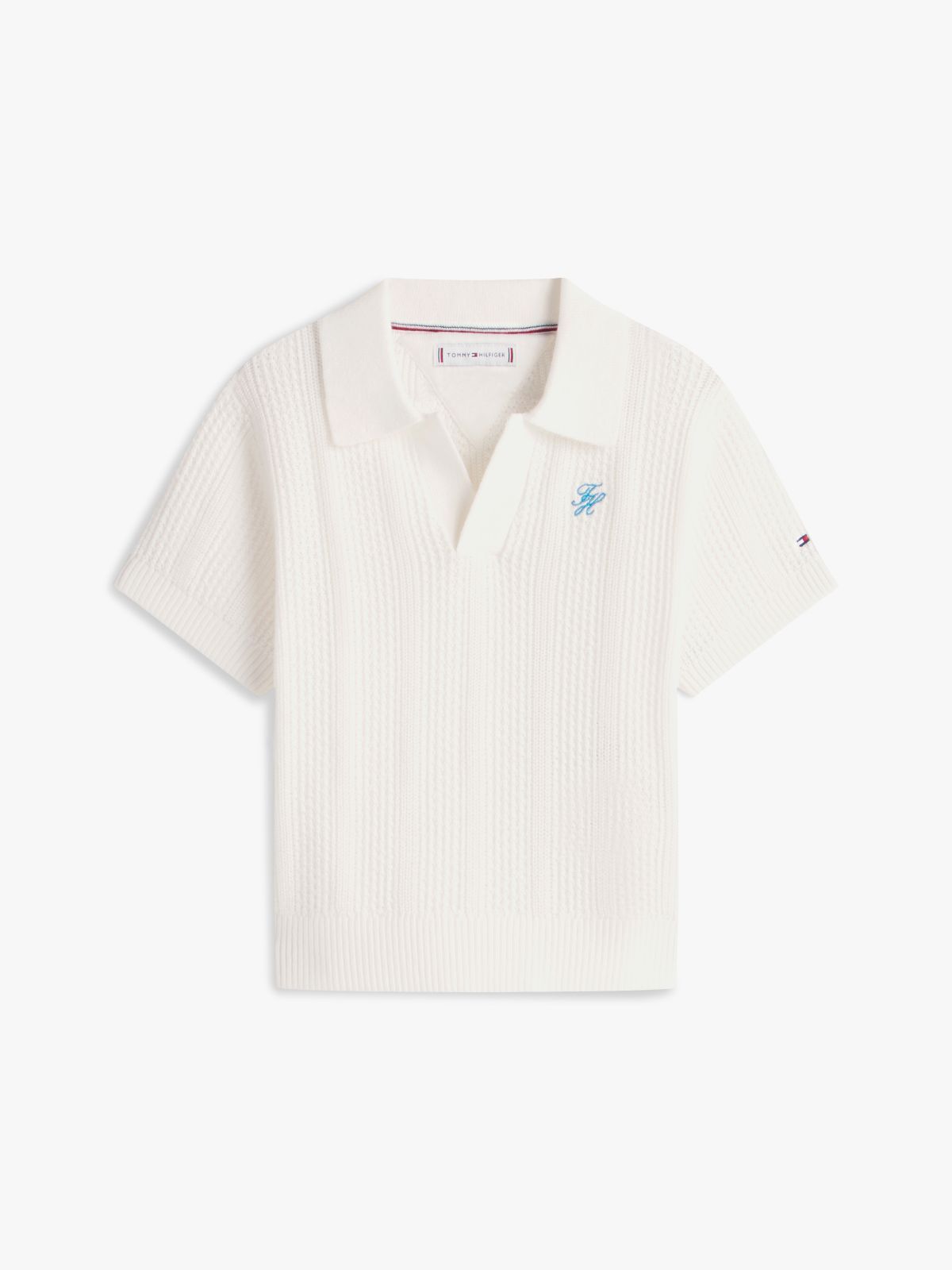 Crochet Open Placket Polo Top — White