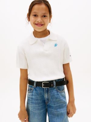 white crochet open placket polo top for girls tommy hilfiger