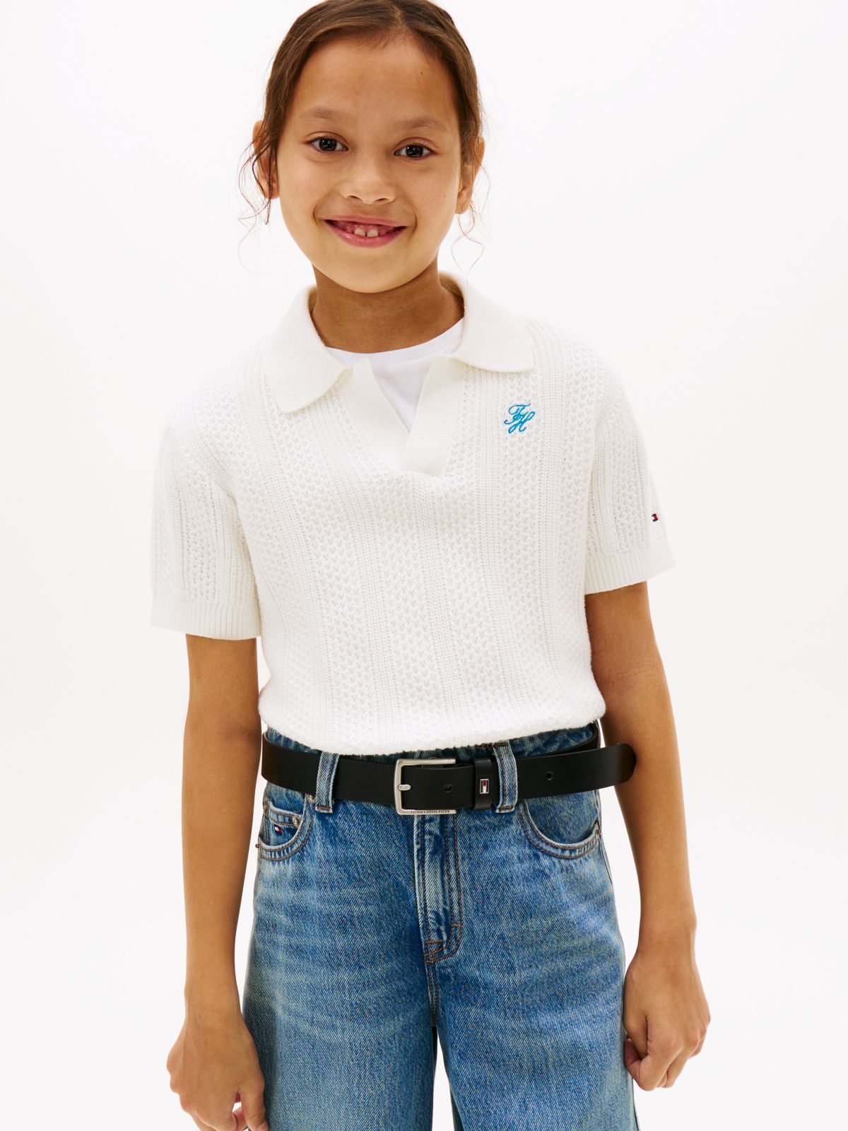Crochet Open Placket Polo Top — White