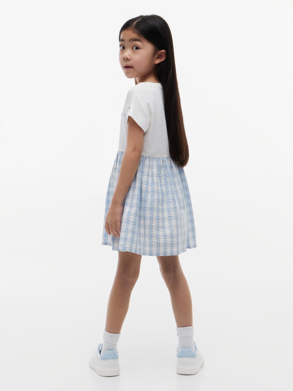 Logo Embroidery Check Seersucker Dress — Multi