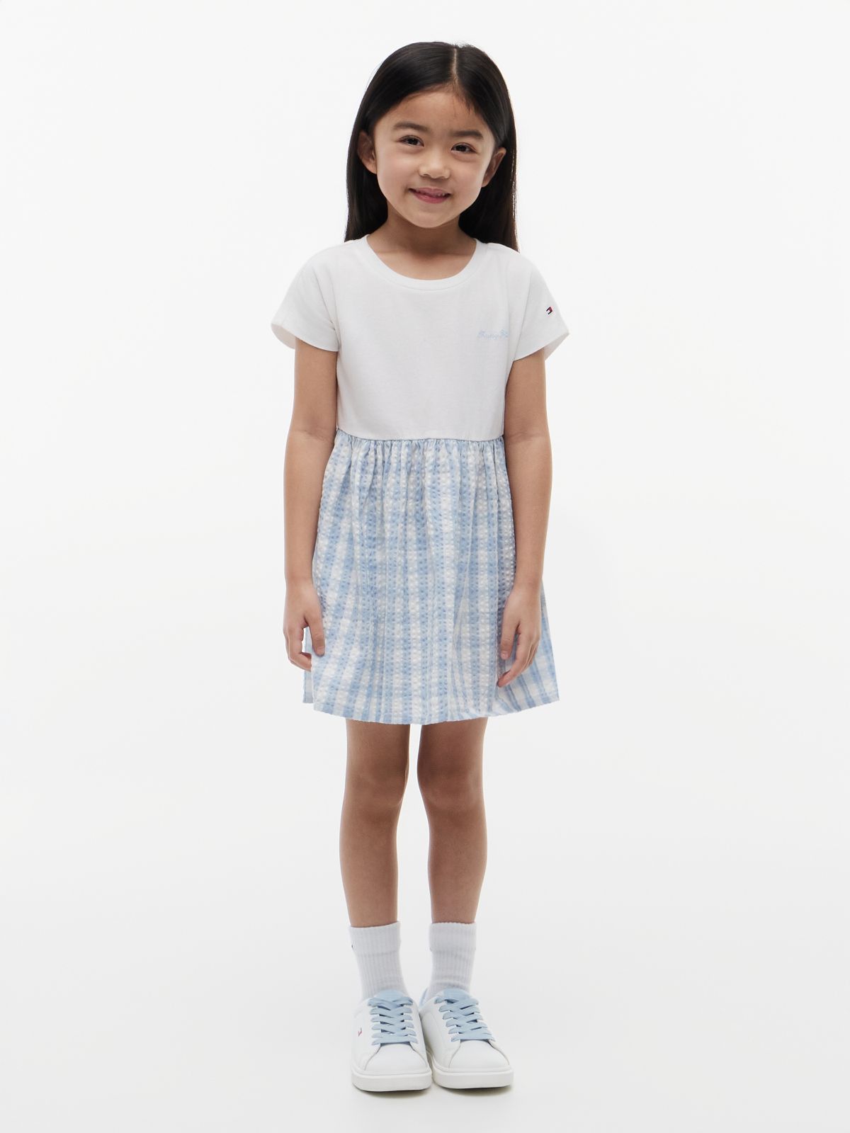 Logo Embroidery Check Seersucker Dress — Multi