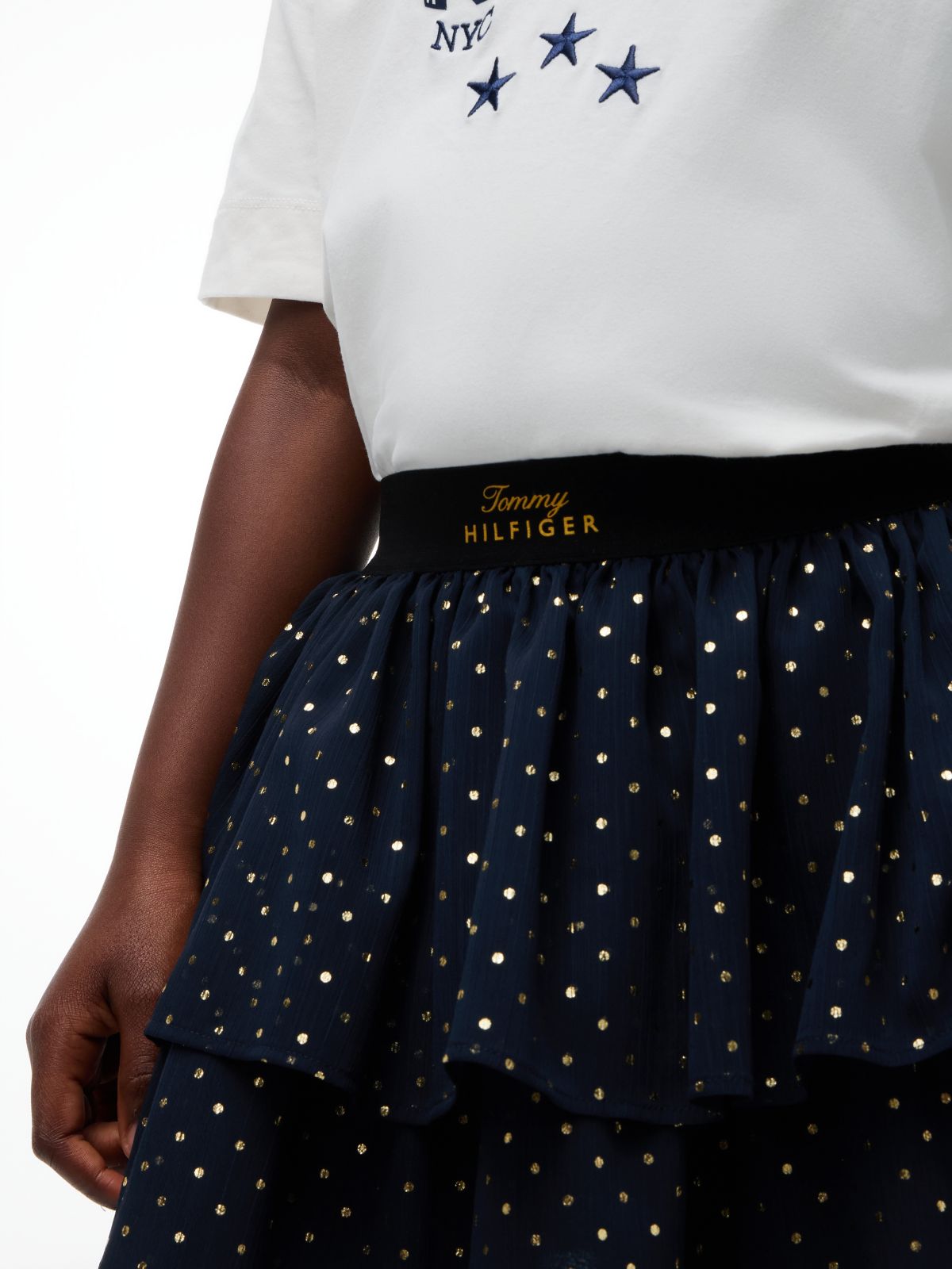 Metallic Polka Dot Tiered Skirt — Blue