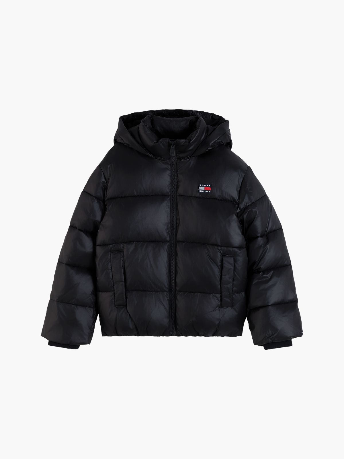 Heritage Shiny Relaxed Hooded Puffer Jacket — Black