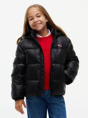 black heritage shiny relaxed hooded puffer jacket for girls tommy hilfiger
