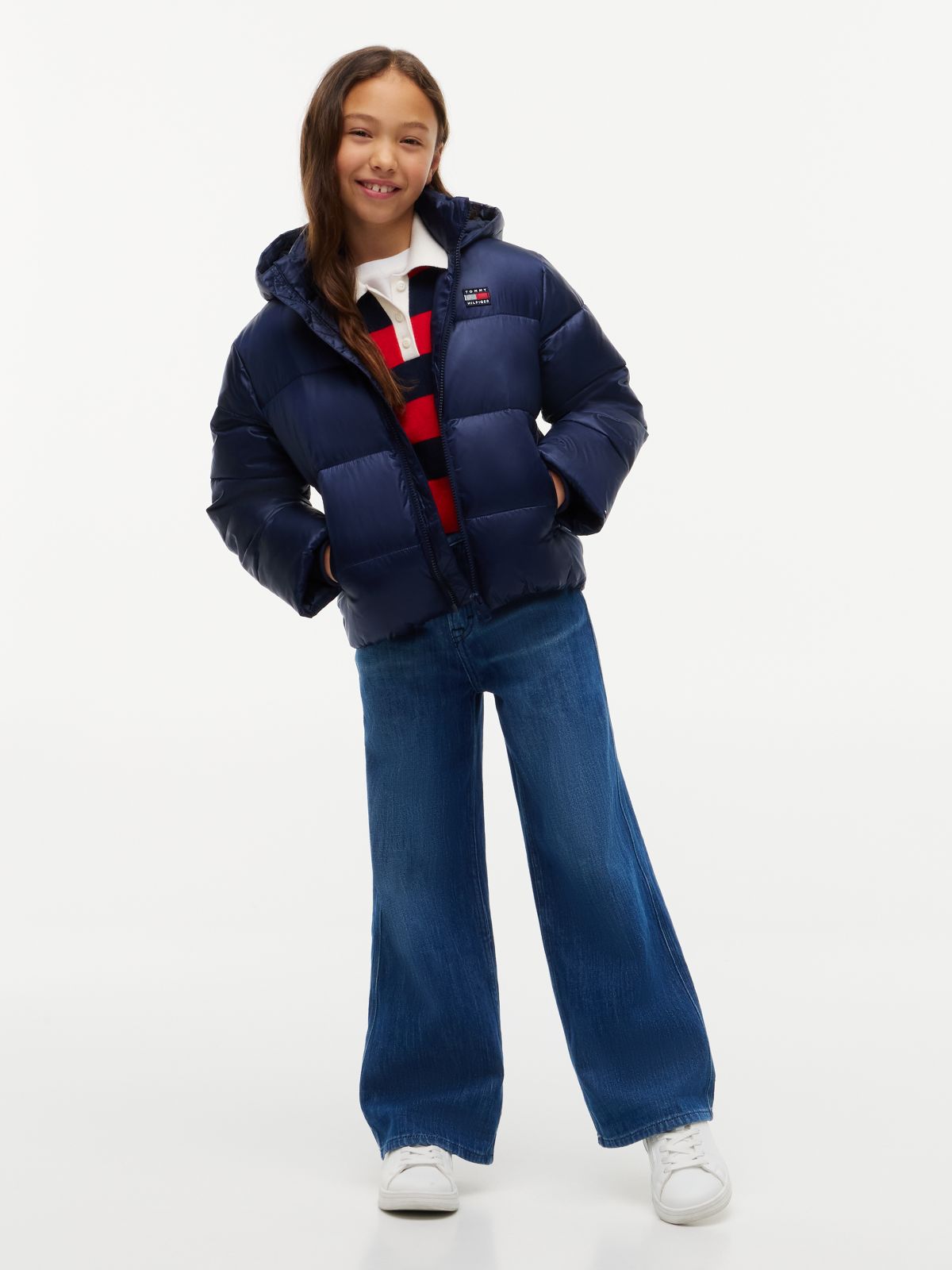 Heritage Shiny Relaxed Hooded Puffer Jacket — Blue