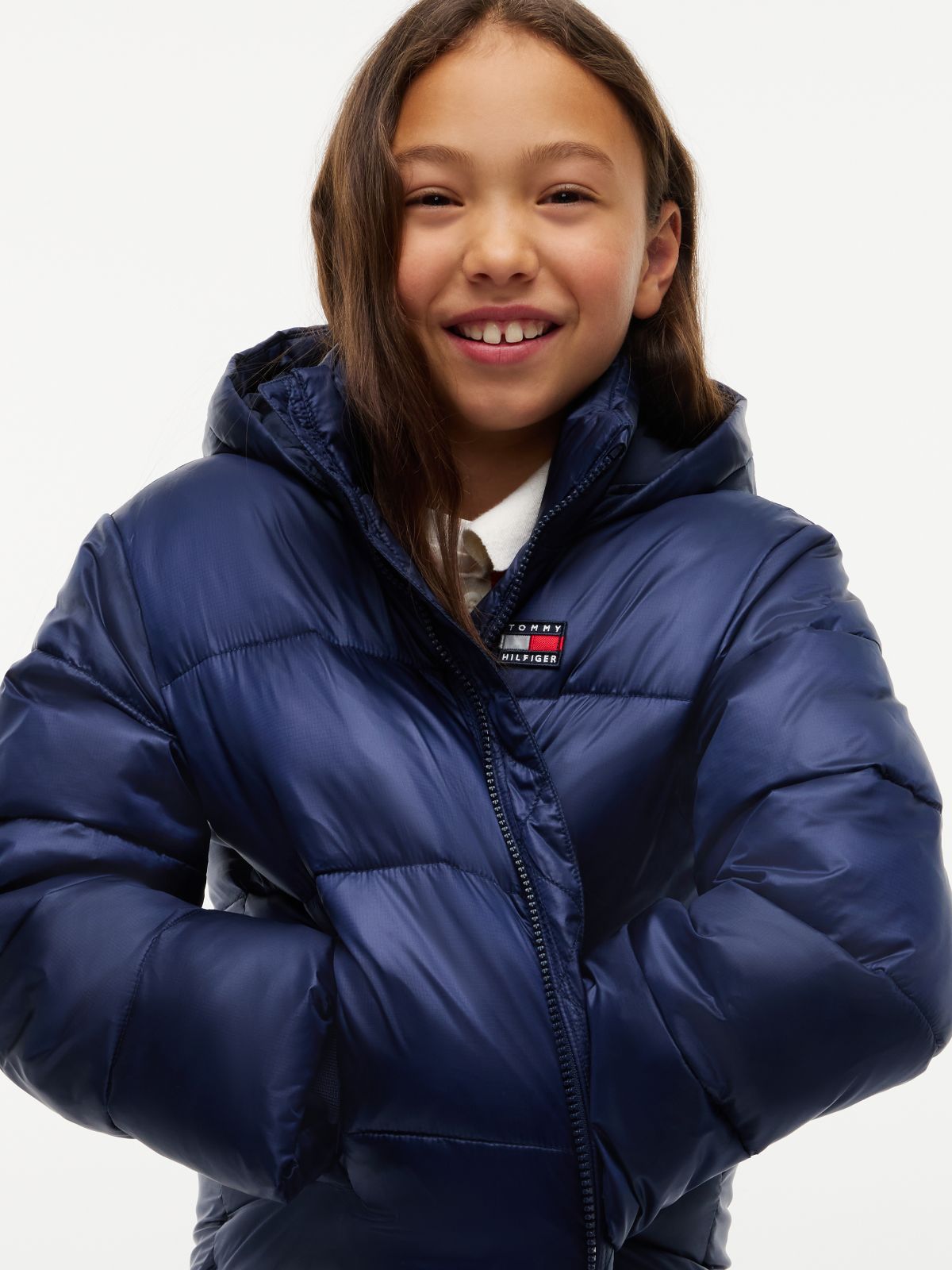 Heritage Shiny Relaxed Hooded Puffer Jacket — Blue