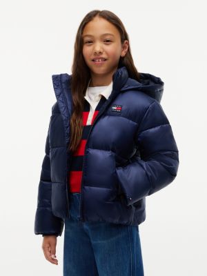 blue heritage shiny relaxed hooded puffer jacket for girls tommy hilfiger