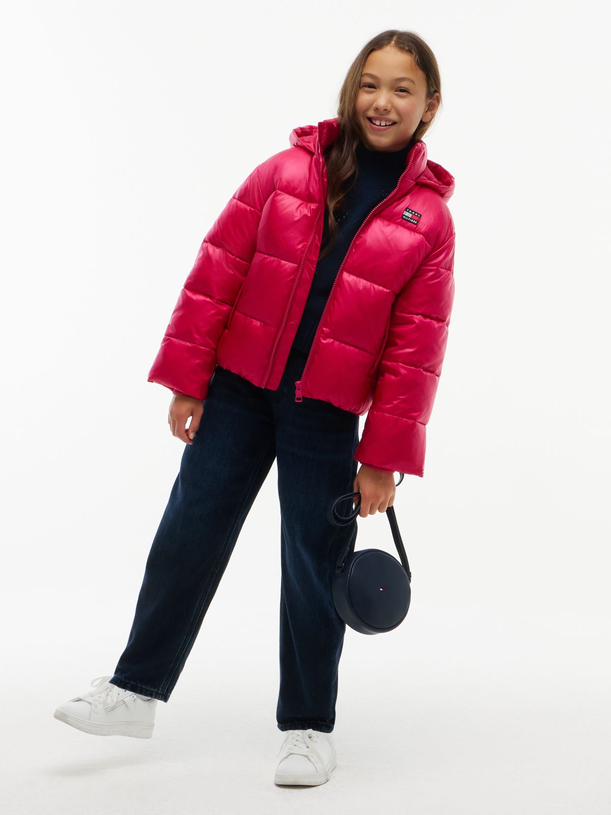 Heritage Shiny Relaxed Hooded Puffer Jacket — Red