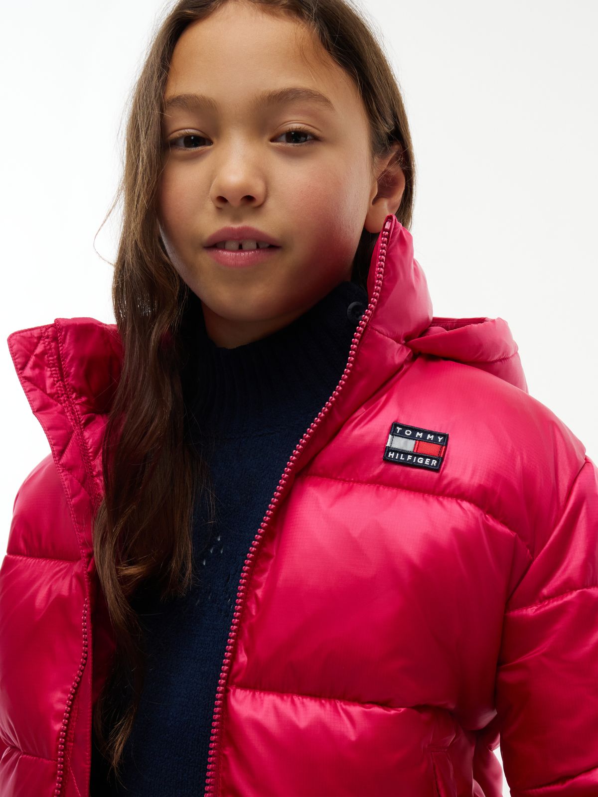 Heritage Shiny Relaxed Hooded Puffer Jacket — Red