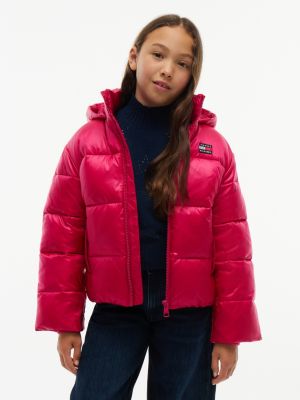 red heritage shiny relaxed hooded puffer jacket for girls tommy hilfiger
