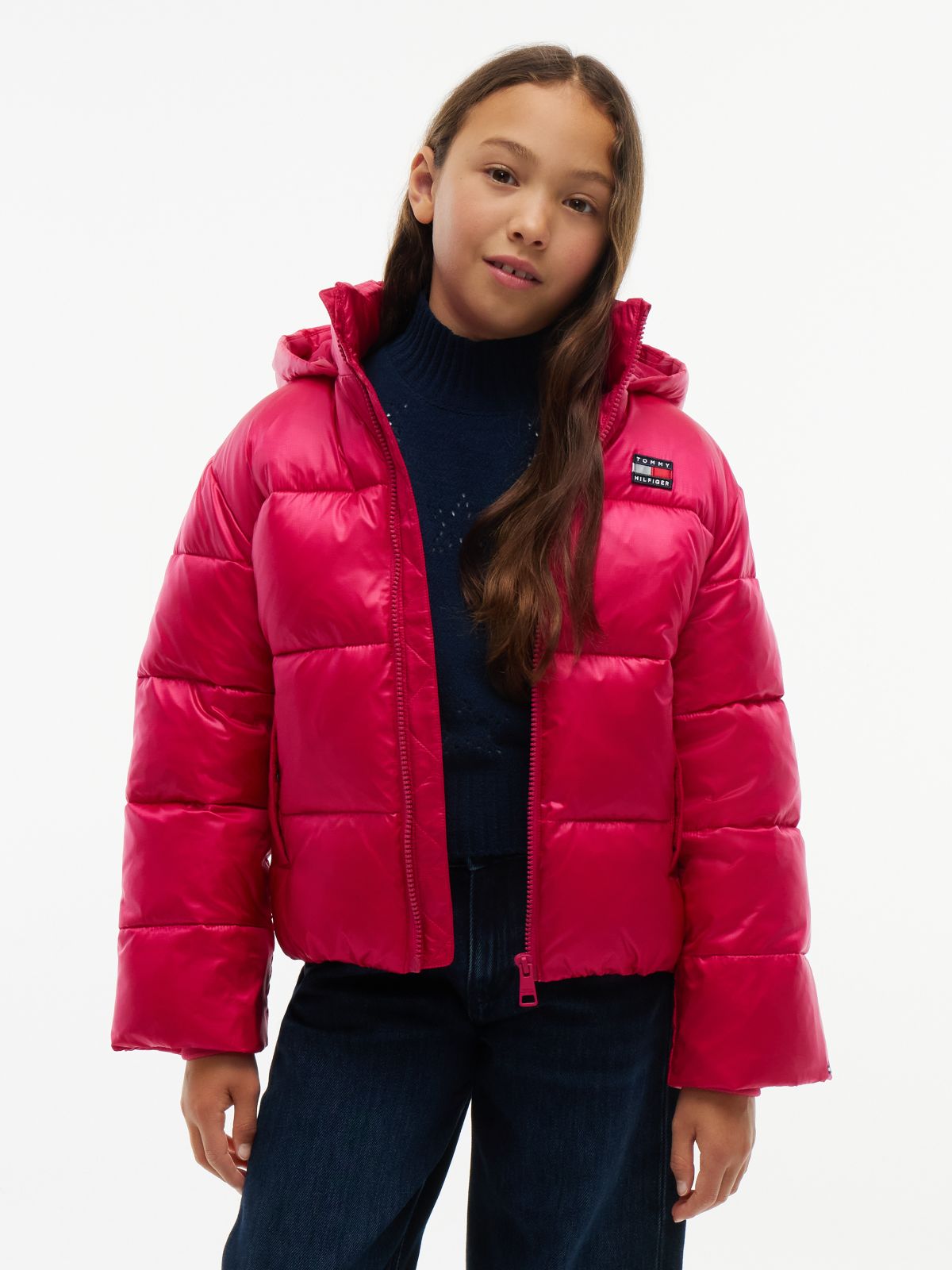 Heritage Shiny Relaxed Hooded Puffer Jacket — Red