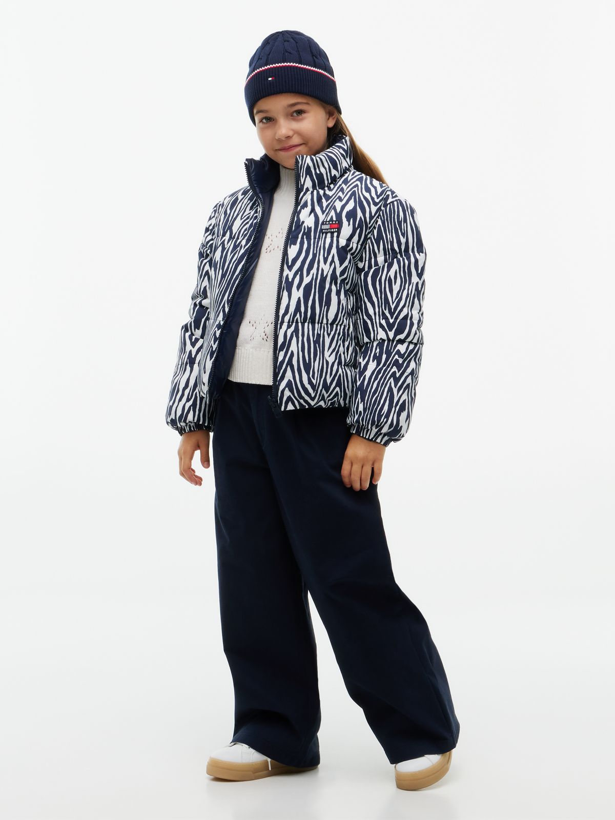 Zebra Print Reversible Relaxed Puffer Jacket — Blue