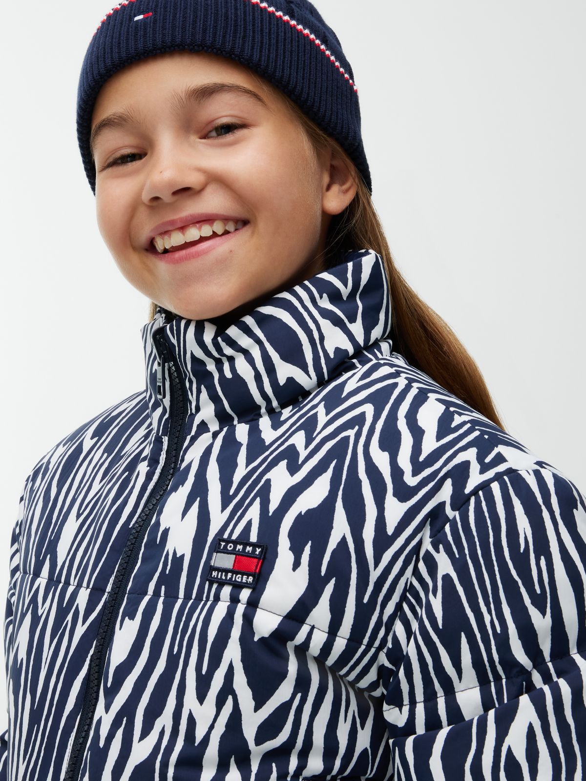 Zebra Print Reversible Relaxed Puffer Jacket — Blue