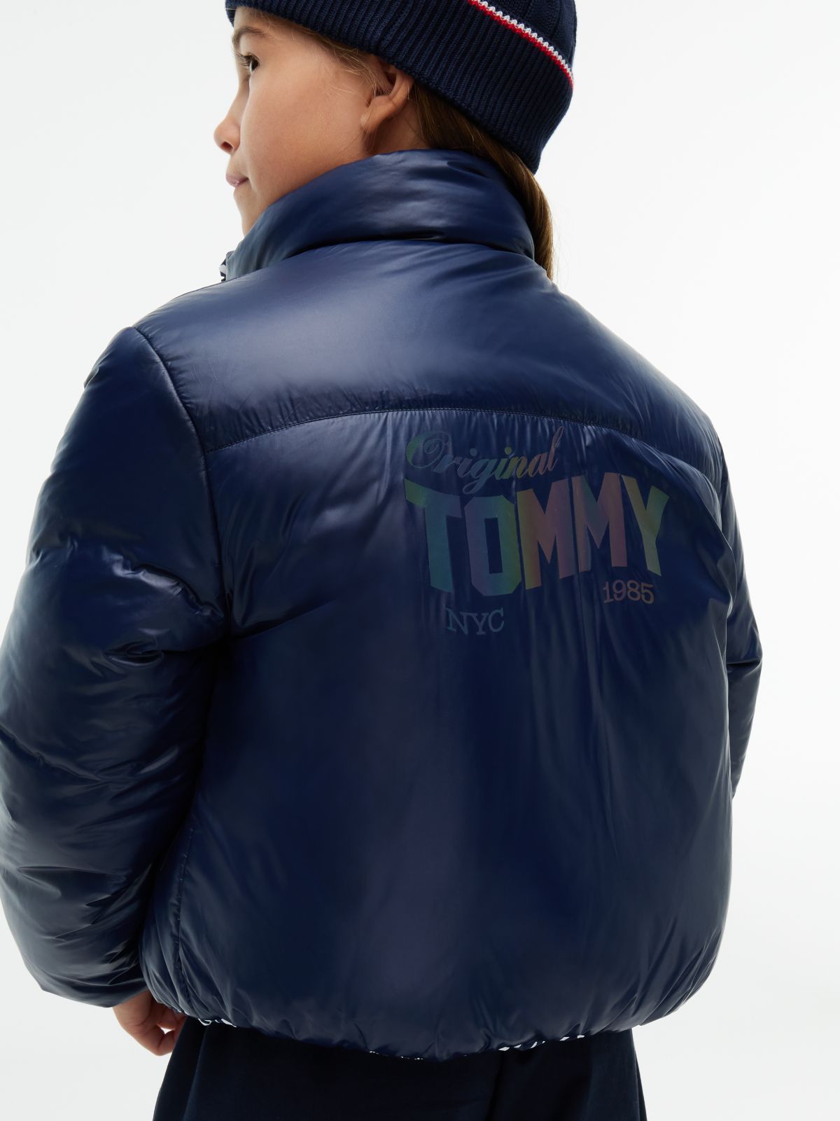 Zebra Print Reversible Relaxed Puffer Jacket — Blue