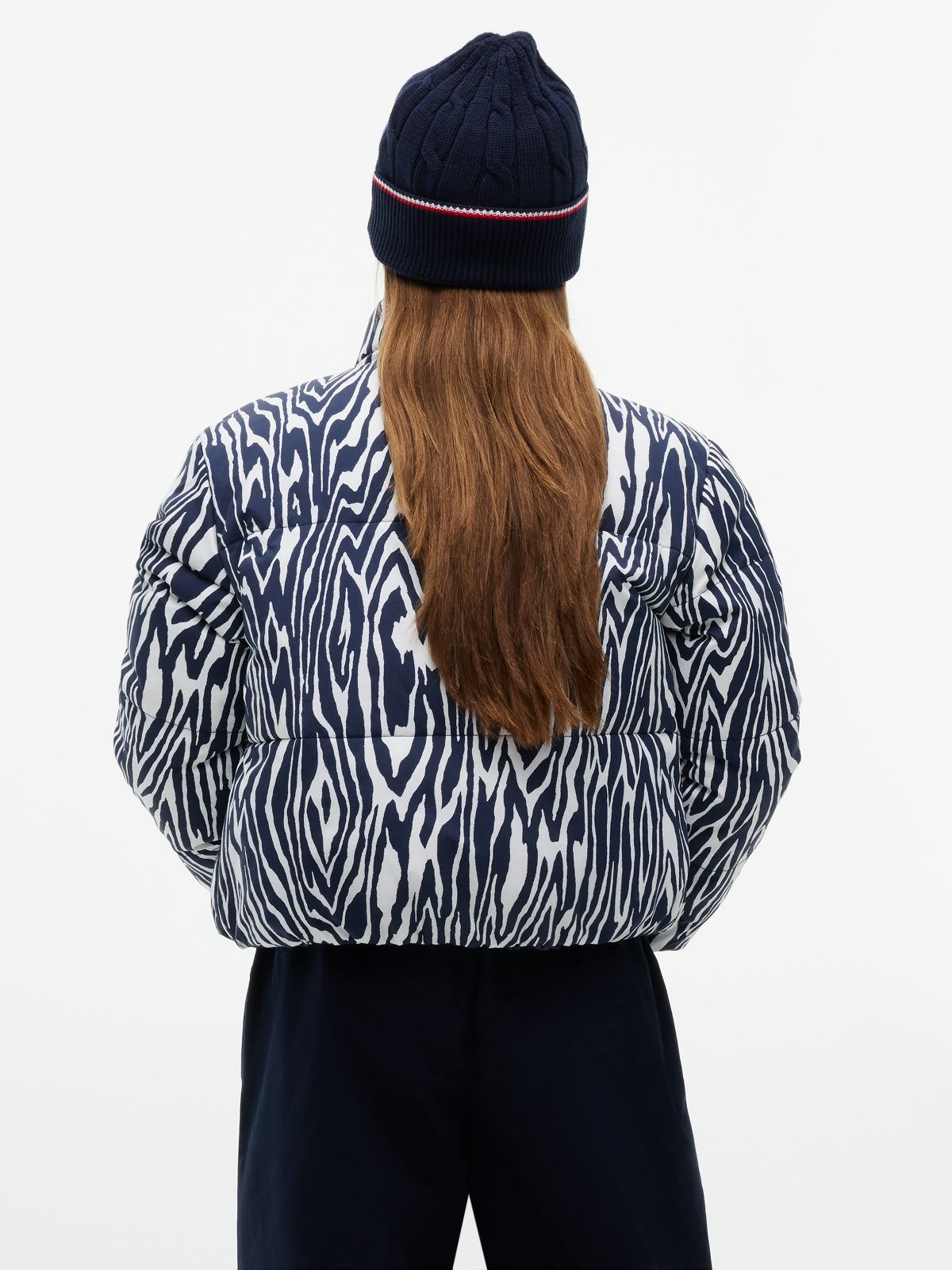 Zebra Print Reversible Relaxed Puffer Jacket — Blue