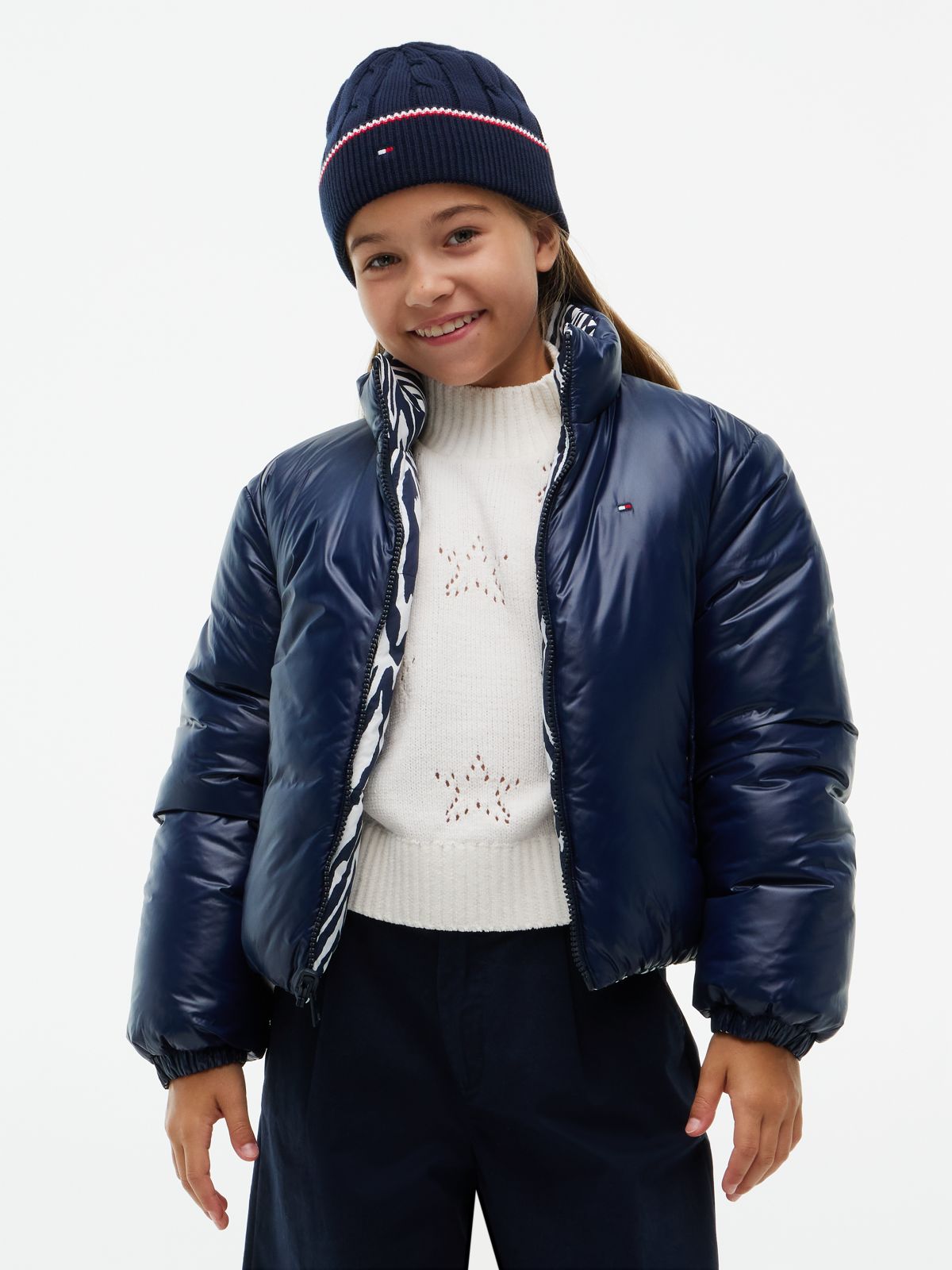 Zebra Print Reversible Relaxed Puffer Jacket — Blue