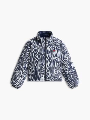 niebieski dwustronna puchowa kurtka z nadrukiem w zebrę dla dziewczynki - tommy hilfiger