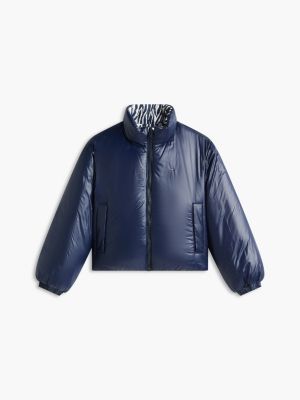 niebieski dwustronna puchowa kurtka z nadrukiem w zebrę dla dziewczynki - tommy hilfiger