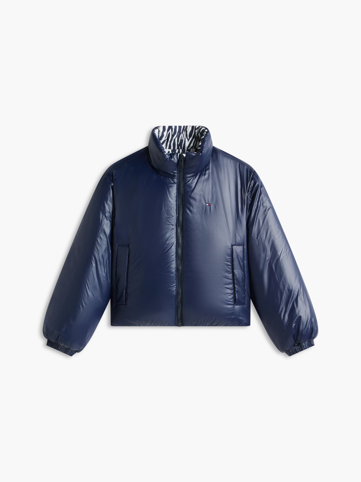 Zebra Print Reversible Relaxed Puffer Jacket — Blue