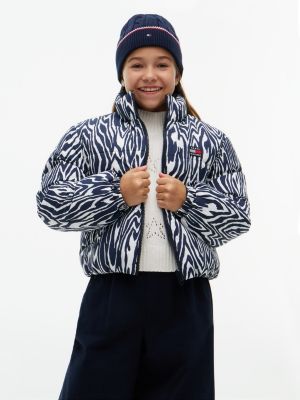 blue dwustronna puchowa kurtka z nadrukiem w zebrę dla dziewczynki - tommy hilfiger