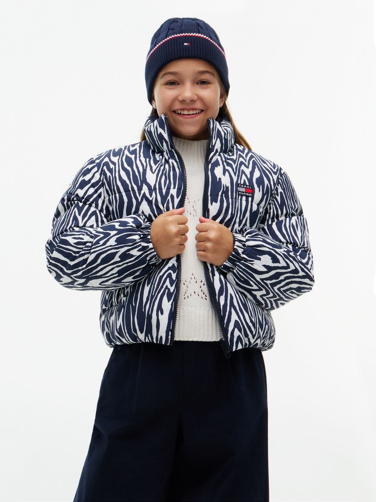 Zebra Print Reversible Relaxed Puffer Jacket — Blue
